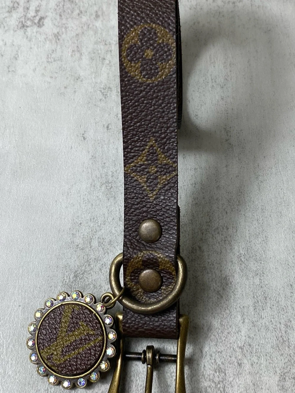 Brown Designer Monogram Dog Collar with Decorative Charm upcycle LV